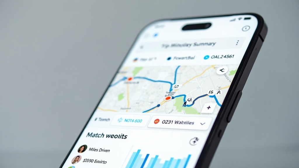 Smartphone screen showing mileage tracker app interface with trip details and expense summary