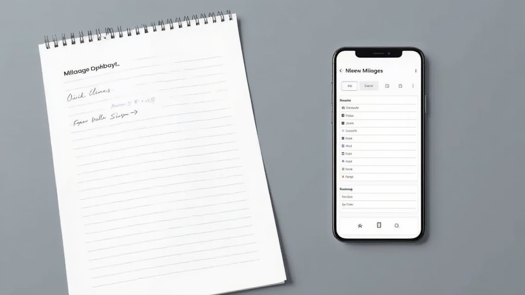 Split screen comparison showing manual paper mileage log versus digital smartphone tracking app interface
