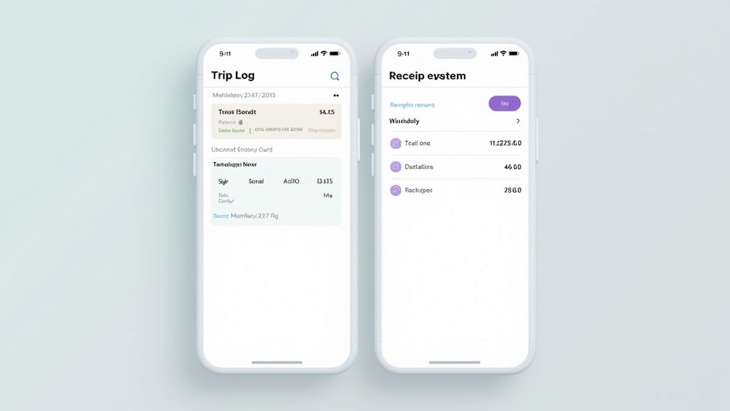 Split screen showing mileage tracking app interface with trip log and expense receipt scanning feature