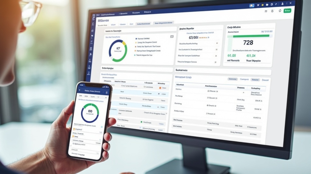 Split screen showing mobile app interface and desktop dashboard with mileage reports and charts