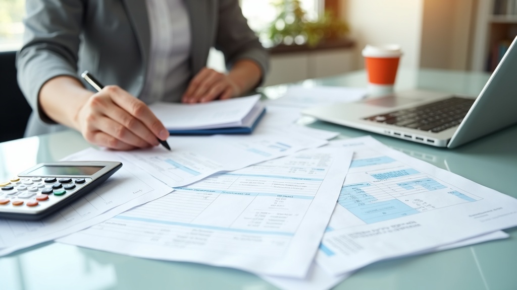 Professional reviewing tax documents and receipts on desk with calculator and laptop